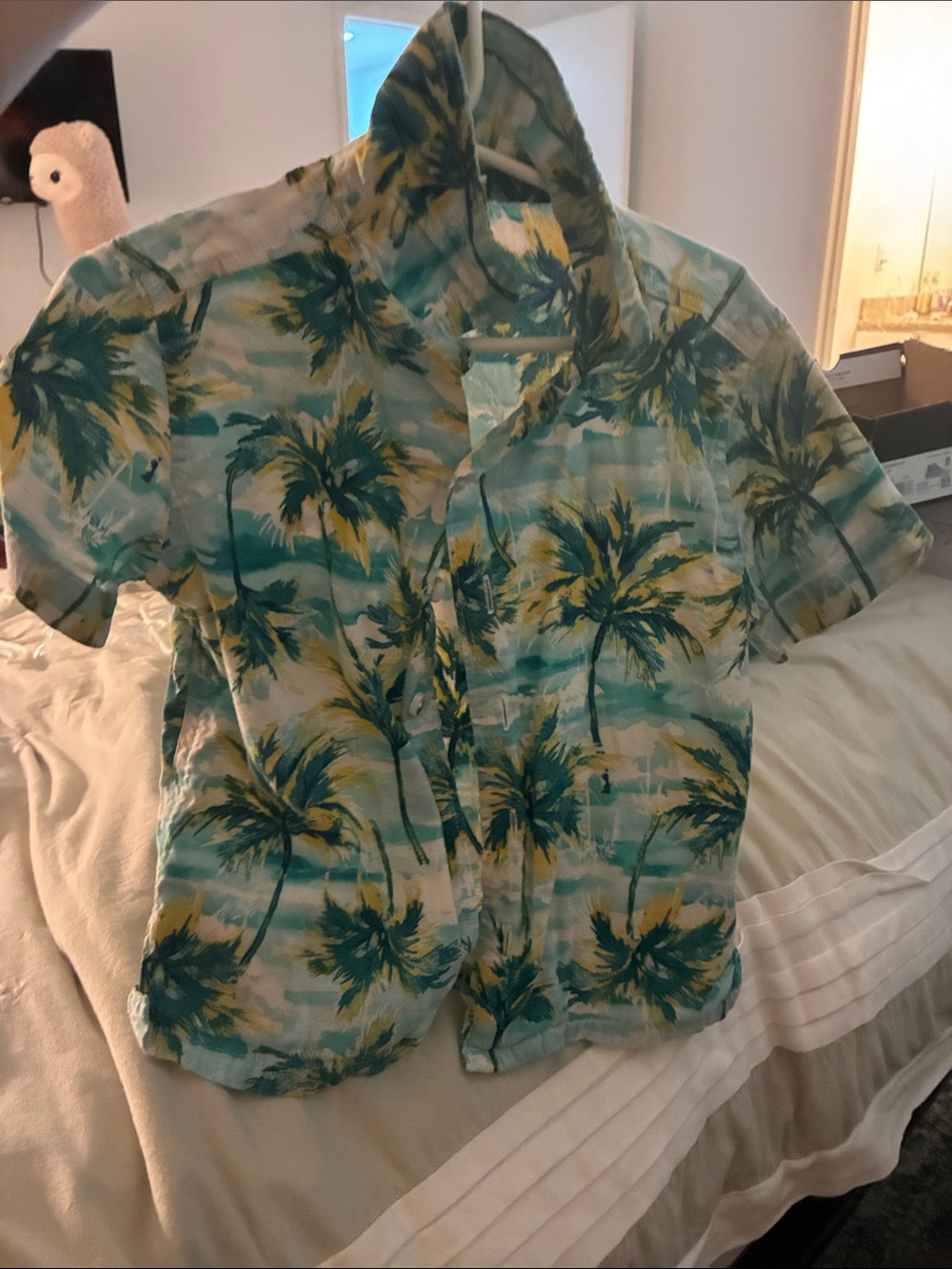 Old Navy Boys Tropical Palm Print Button-Down Shirt - Teal, Yellow, Green